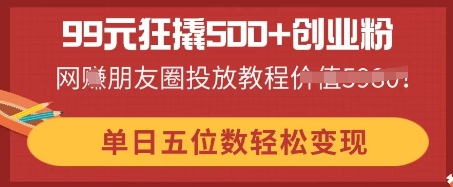 99元狂撬500+创业粉，单日五位数轻松变现，网创朋友圈投放教程-梦妍科技资源网